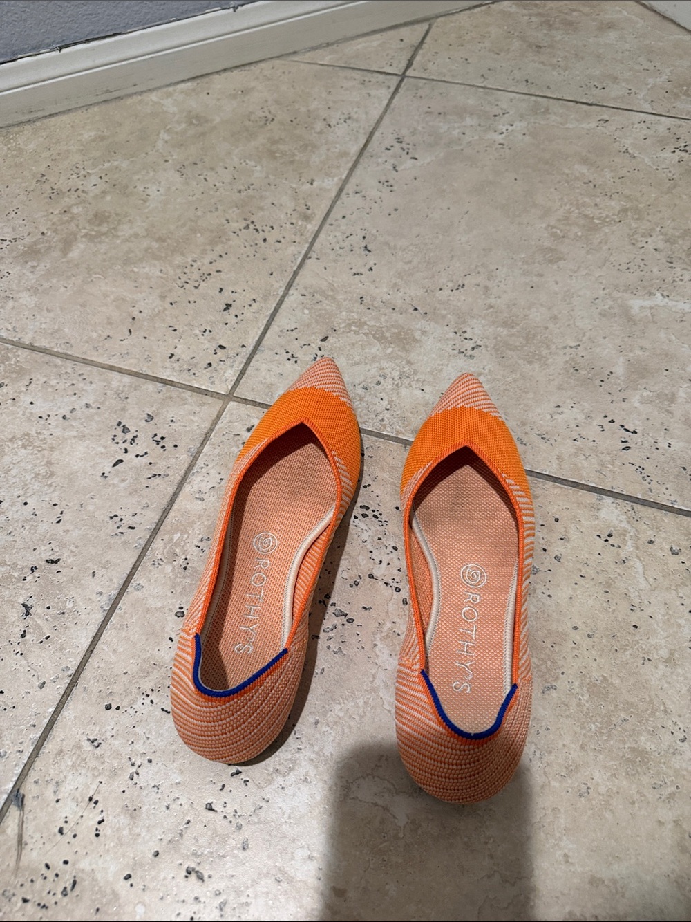 Rothy's Orange Pointed Knit Ballet Flats with Blue Trim